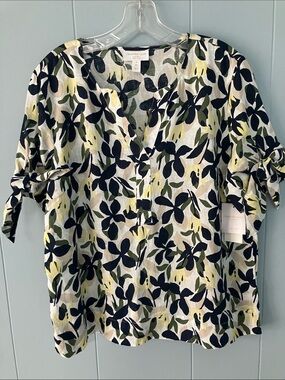 Charter Club Navy, Olive & Yellow Floral Tie-Sleeve Linen Tunic